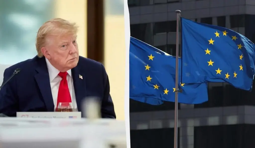 Логотип ЄС на тлі портретів Дональда Трампа та Володимира Путіна