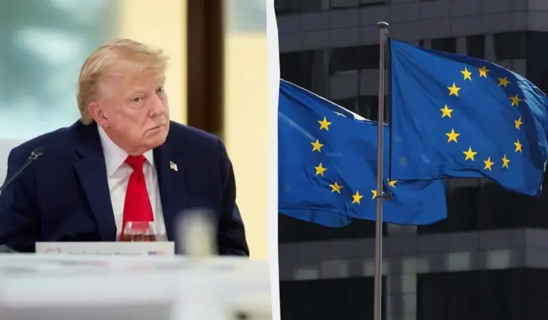 Логотип ЄС на тлі портретів Дональда Трампа та Володимира Путіна